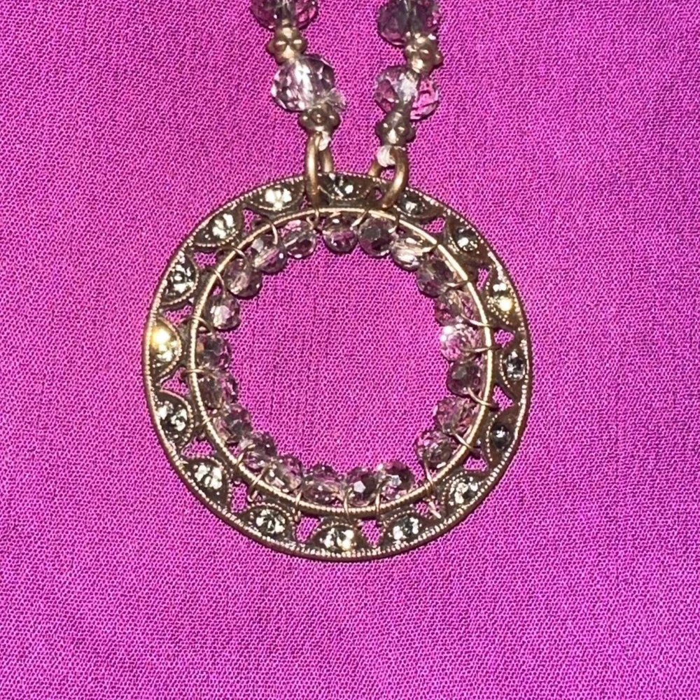Gold Tone Clear SmokyCrystal Beaded Necklace Rhinestone Pendant Toggle Statement